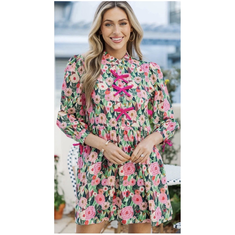 Shop The Mint Floral Bow Mini Dress XL Pink Green Glitter Babydoll Lined Cotton